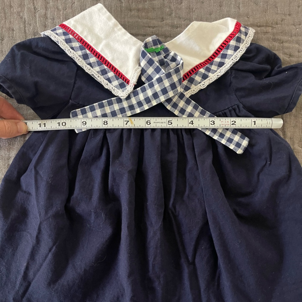 Vintage Navy White Dress & Cap Matching Set Rosettes 2T Cotton Gingham Collar - Picture 8 of 12